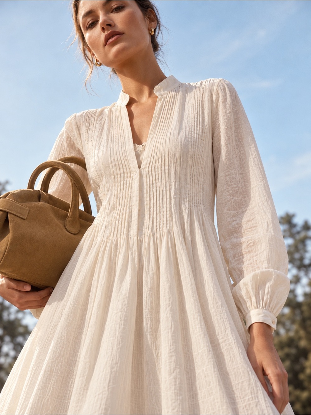 Brochu Walker Ivory 100% Cotton Pintuck Long Sleeve Dress with Slip Size P